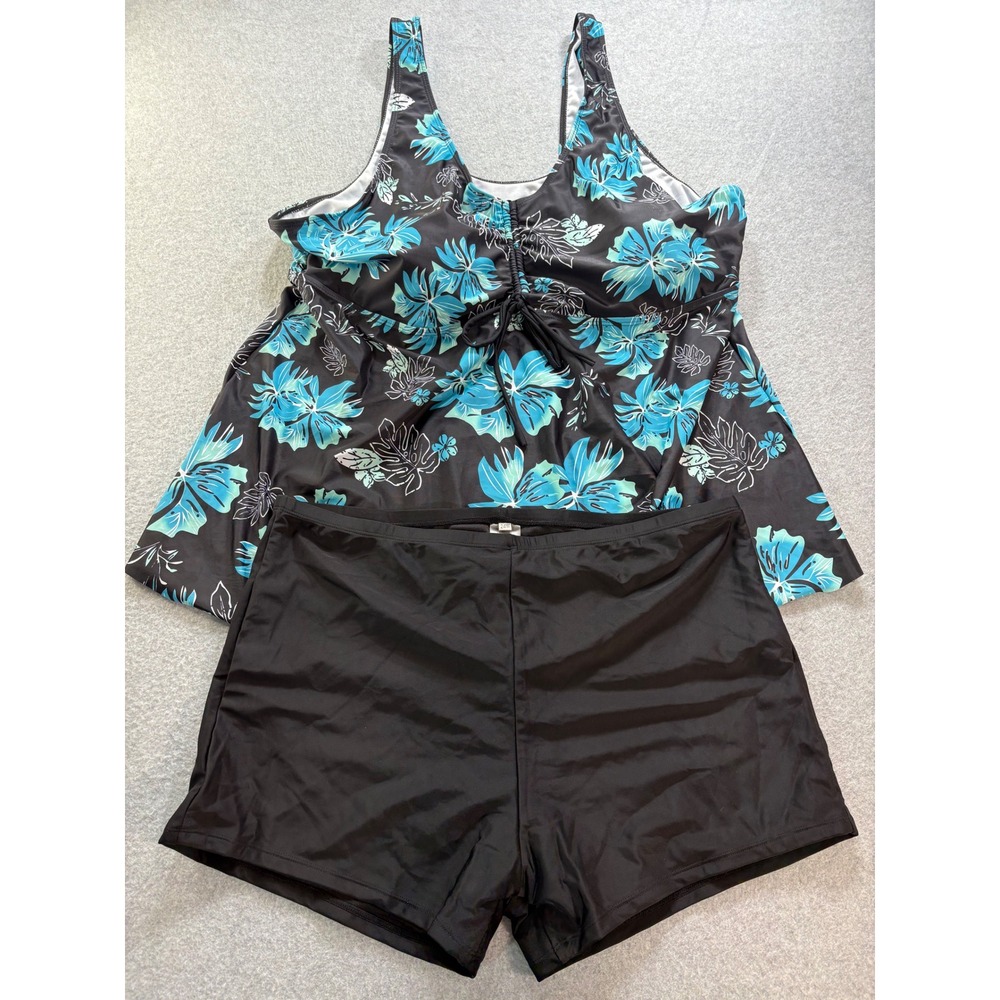 Floral Tankini Swimsuit Set Black Blue Teal 6XL Two Piece Boy Shorts Plus Size